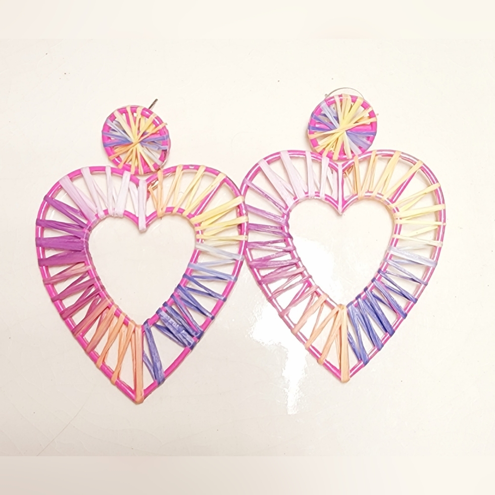 Amrita Singh rainbow raffia heart hoop pierced dangle earrings, eclectic, boho